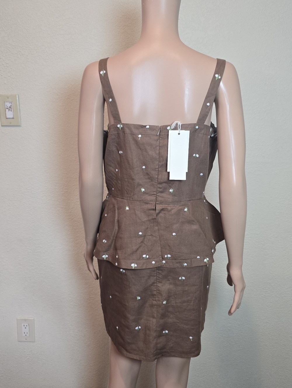 Fanm Mon Helaina Brown Floral Embroidered Sheath Peplum Mini Dress SZ L - NWT - Picture 12 of 14